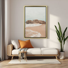 Beautiful beach canvas painting in golden floater frame, combining ocean views with elegant styling for modern decor