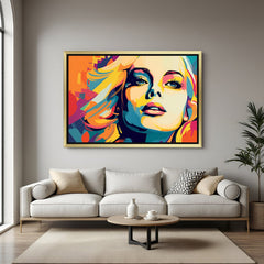 Modern abstract female face canvas in golden floater frame – graceful and minimal art for luxurious home walls and sophisticated decor