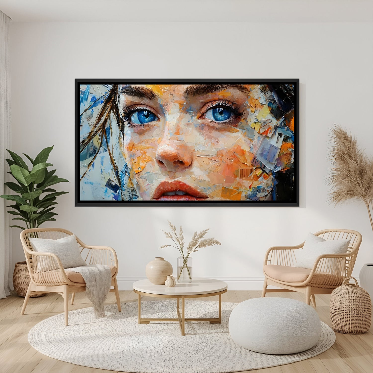 Modern female portrait with striking blue eyes in elegant black floater frame for stylish interiors