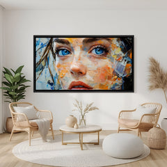 Modern female portrait with striking blue eyes in elegant black floater frame for stylish interiors