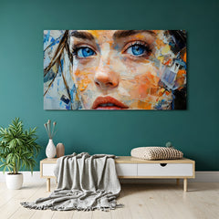 Beautiful female face with blue eyes modern art canvas wall painting in premium canvas wrapped frame