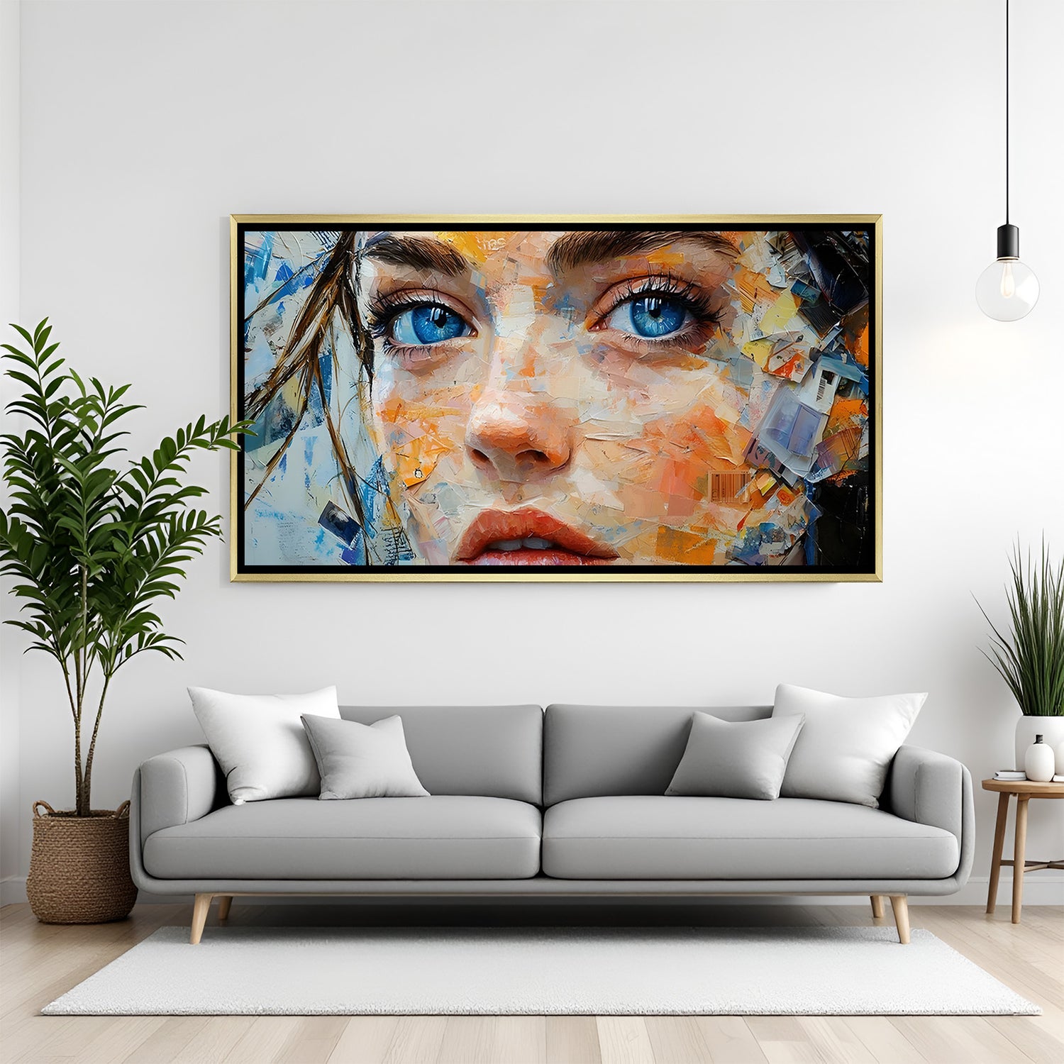 Beautiful female face modern canvas art with blue eyes in white floater frame for contemporary decor