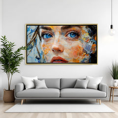 Beautiful female face modern canvas art with blue eyes in white floater frame for contemporary decor