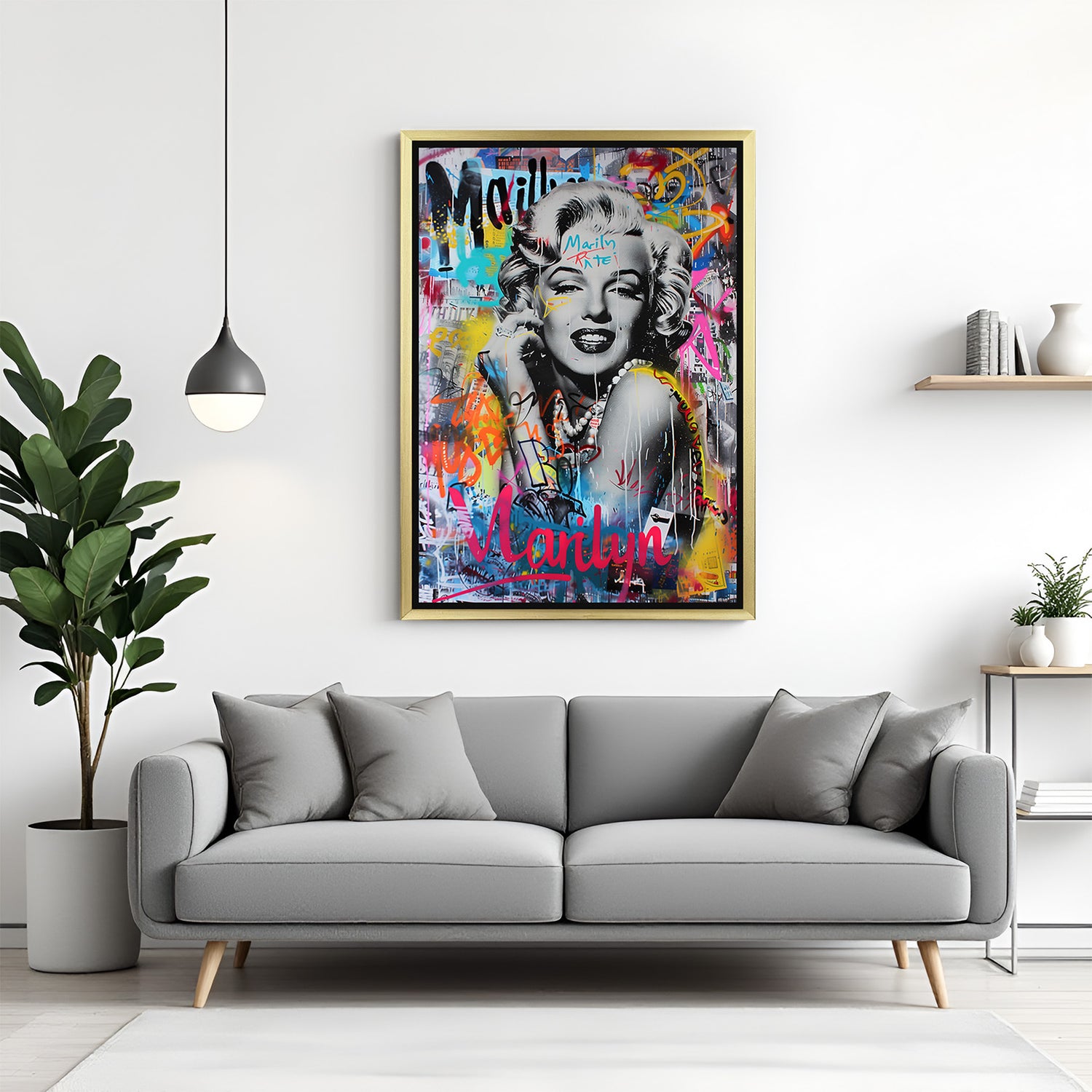 Modern altered artwork of a beautiful woman on canvas displayed in a luxurious golden floater frame perfect for premium wall decor.