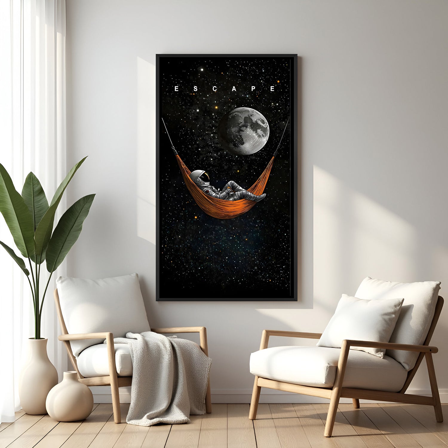Escape space motivational wall art in elegant black floater frame with vibrant celestial artwork