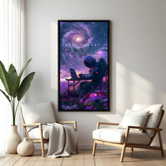 Stay Hungry inspirational space wall art in elegant black floater frame featuring cosmic motivational artwork