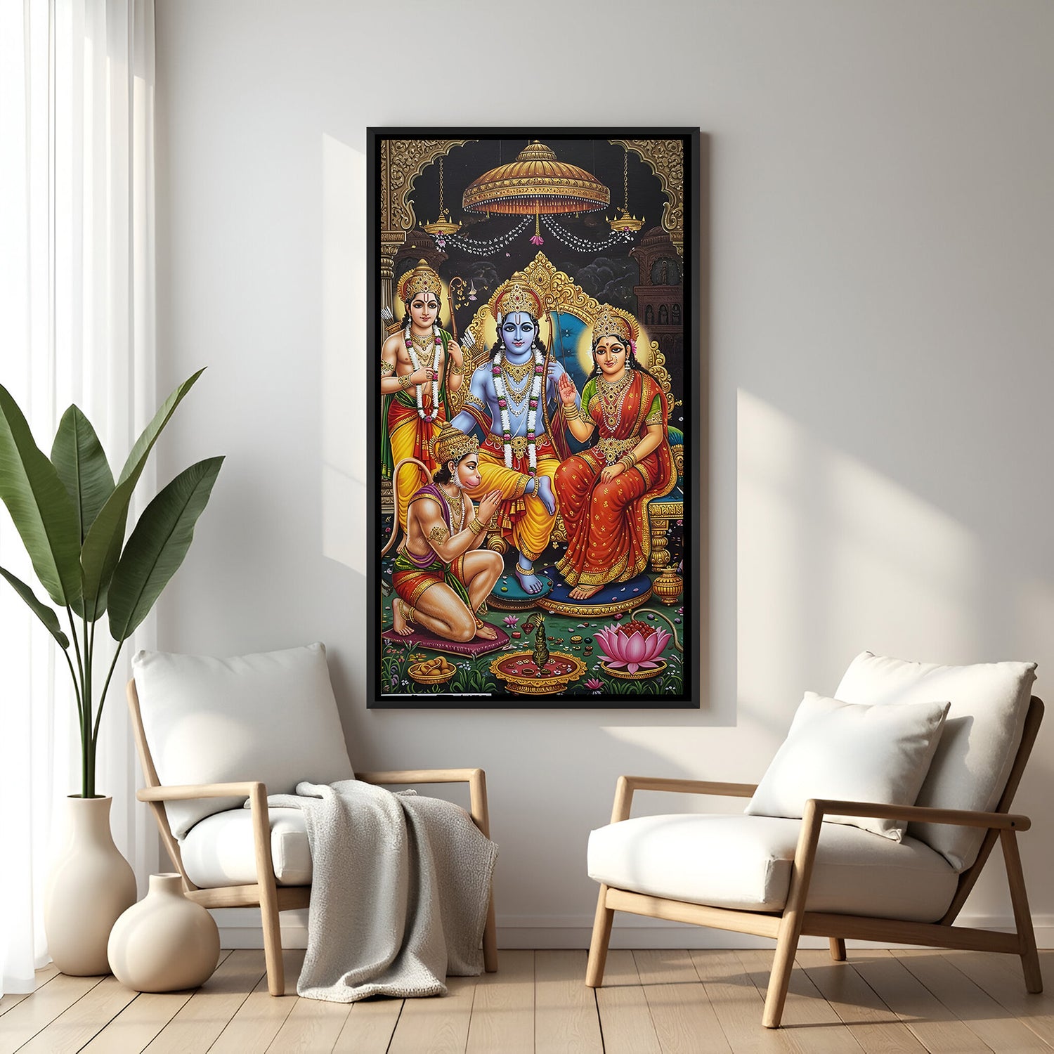 Ram Darbar traditional devotional painting in elegant black floater frame with Lord Ram Sita Lakshman and Hanuman