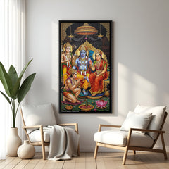 Ram Darbar traditional devotional painting in elegant black floater frame with Lord Ram Sita Lakshman and Hanuman