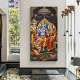 Traditional Ram Darbar canvas wall art featuring Lord Ram Sita Lakshman and Hanuman in vibrant devotional artwork