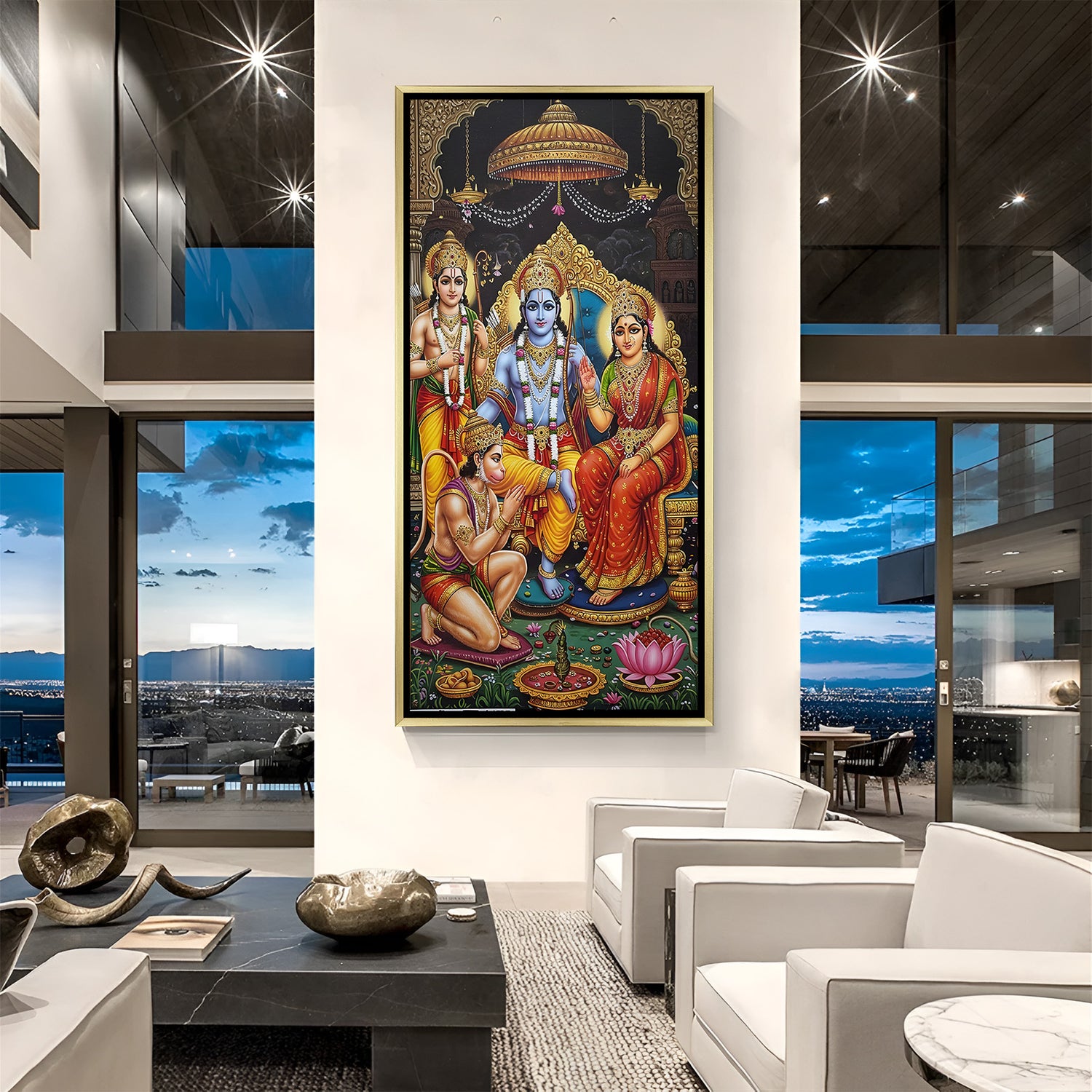 Traditional Ram Darbar canvas artwork in luxurious golden floater frame featuring the divine family and Hanuman