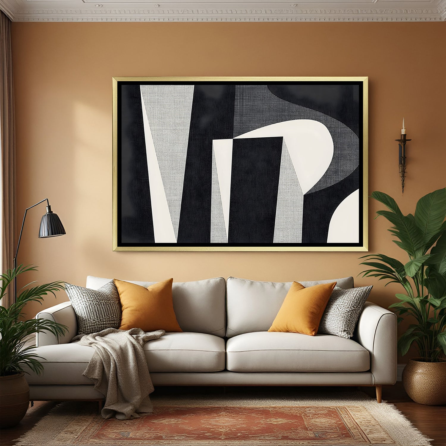 Elegant black and beige abstract geometric canvas wall art in golden frame for luxury home decor