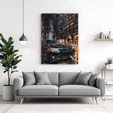 Canvas wall art featuring a side bonnet view of a black BMW at night, capturing a luxurious, powerful look with deep shadows and mafia-like appeal
