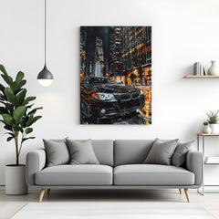 Canvas wall art featuring a side bonnet view of a black BMW at night, capturing a luxurious, powerful look with deep shadows and mafia-like appeal