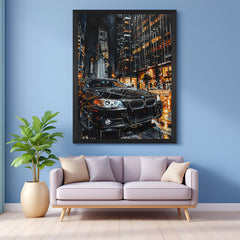 Black floater frame canvas print of BMW bonnet side view at night, evoking a sleek, powerful presence with luxury and mystery for modern interiors