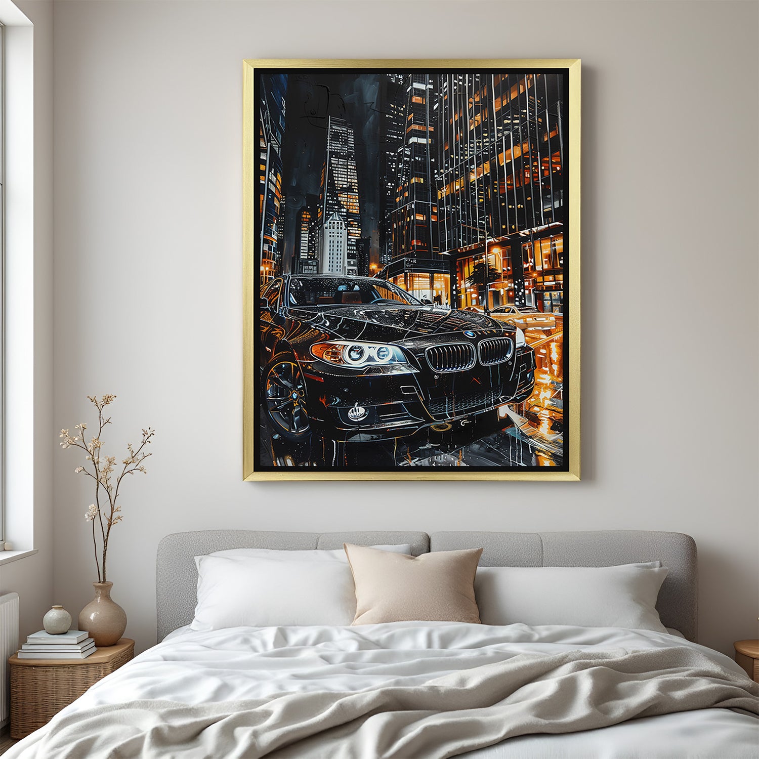 Golden frame canvas artwork of a black BMW from bonnet angle under dark lighting—ideal for interiors styled with confidence and automotive edge