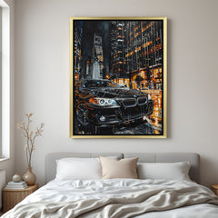 Golden frame canvas artwork of a black BMW from bonnet angle under dark lighting—ideal for interiors styled with confidence and automotive edge