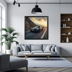 Black car canvas print in black floater frame, showcasing sleek motion design for bold and clean wall decor