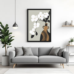 Black floater canvas print with earthy vase, white floral art, and bohemian Japanese influence