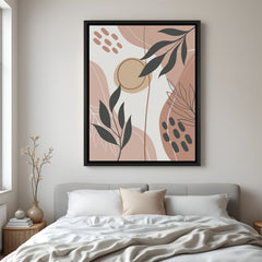 Black frame canvas showing abstract brown forms and leaves in a soft boho layout for modern decor