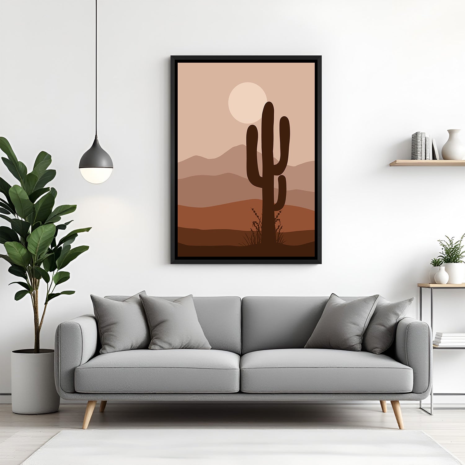 Black framed canvas showing a cactus in earthy desert backdrop with soft neutral boho tones