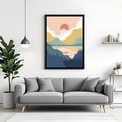 Black floater frame canvas with minimal mountain shapes in single pastel tones and calm boho vibe