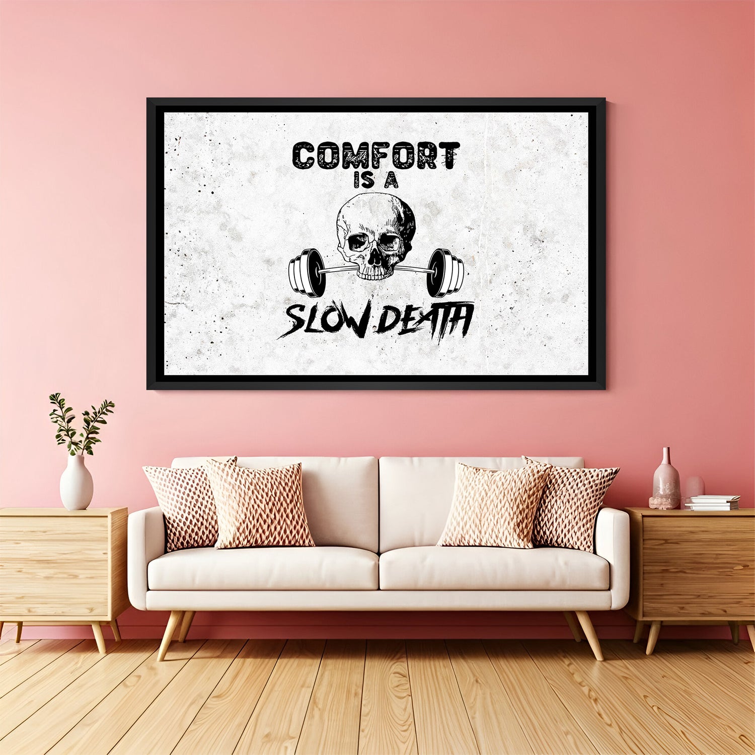 Black floater frame canvas showing skull and motivational quote, perfect for high-energy decor