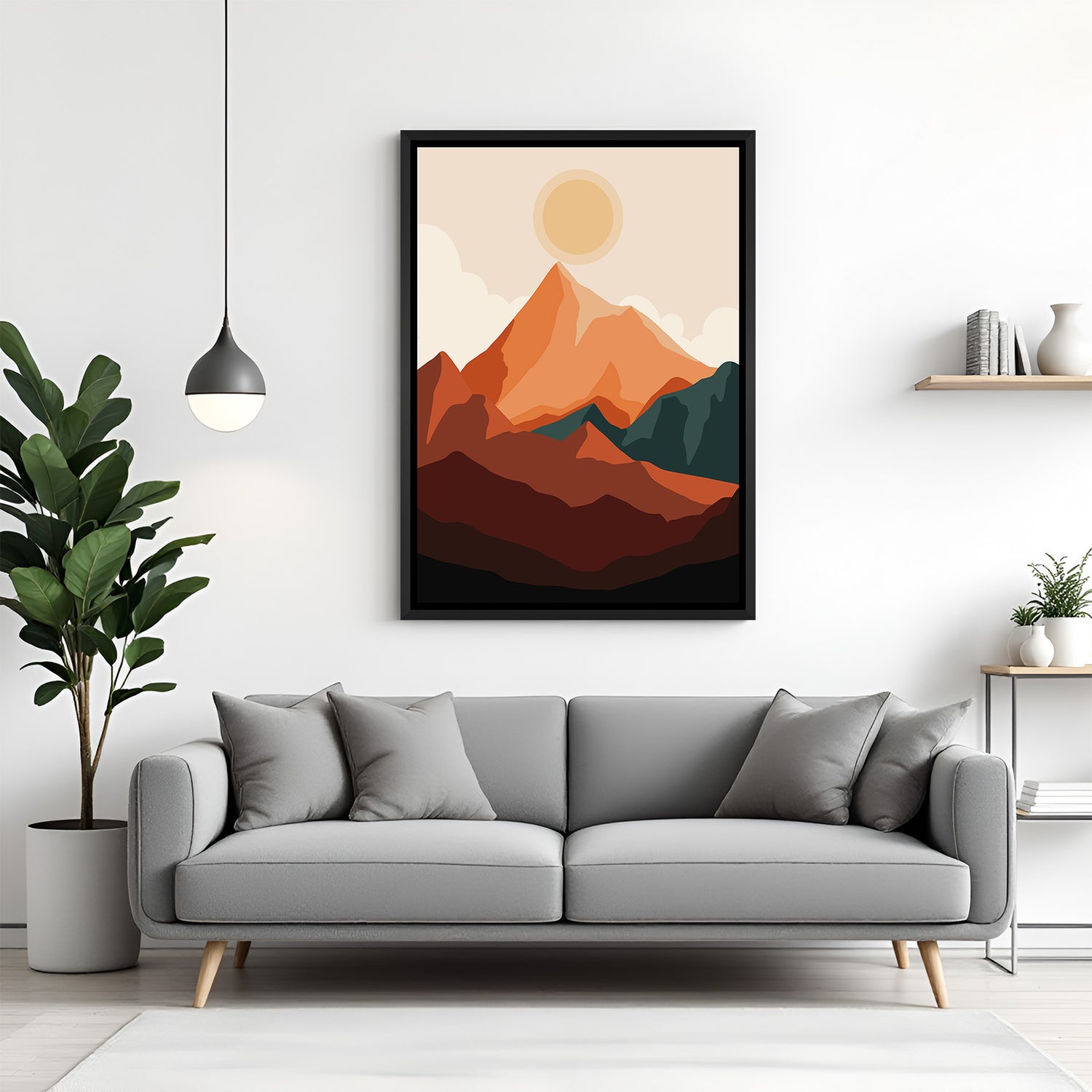 Black framed canvas print featuring abstract sun and earthy mountains in peaceful tones