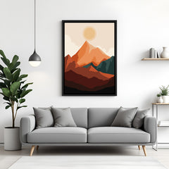 Black framed canvas print featuring abstract sun and earthy mountains in peaceful tones
