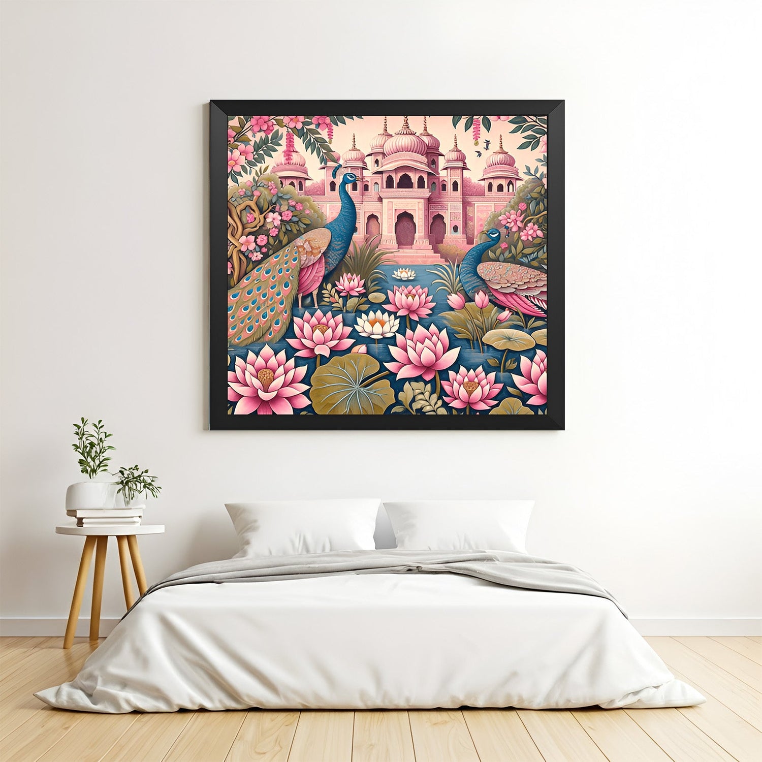 Black floater frame peacock couple artwork for vastu-based romantic energy and prosperity, ideal for stylish bedrooms or living room walls