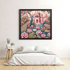 Black floater frame peacock couple artwork for vastu-based romantic energy and prosperity, ideal for stylish bedrooms or living room walls