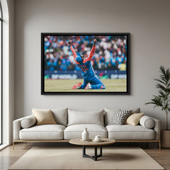 Rohit Sharma canvas in black floater frame, cricket celebration from back view with Mindset text
