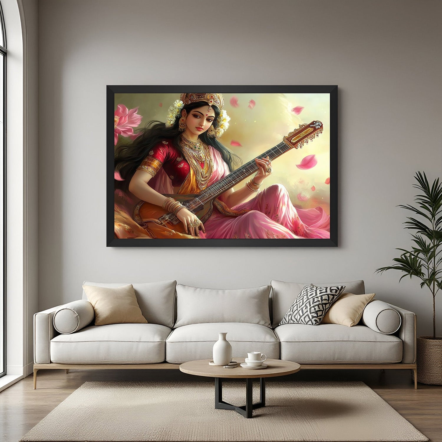 Black floater frame Saraswati artwork enhancing knowledge, peace, and positive vastu energy in educational or creative interiors