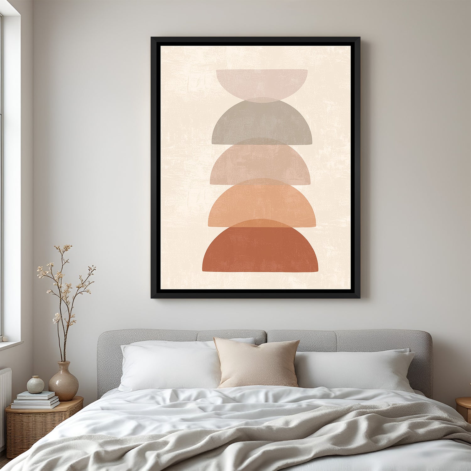 Black floater canvas with soft-toned semi-circle design in abstract bohemian minimalist style