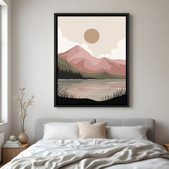 Black framed canvas showing rising sun and soft hills in bohemian minimal style with pastel colors