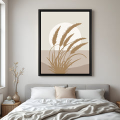 Black frame canvas art showing bohemian wheat design with minimal sunlight in muted tones