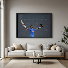 Black frame version of cricketer artwork with victory pose and Worth Everything motivational text