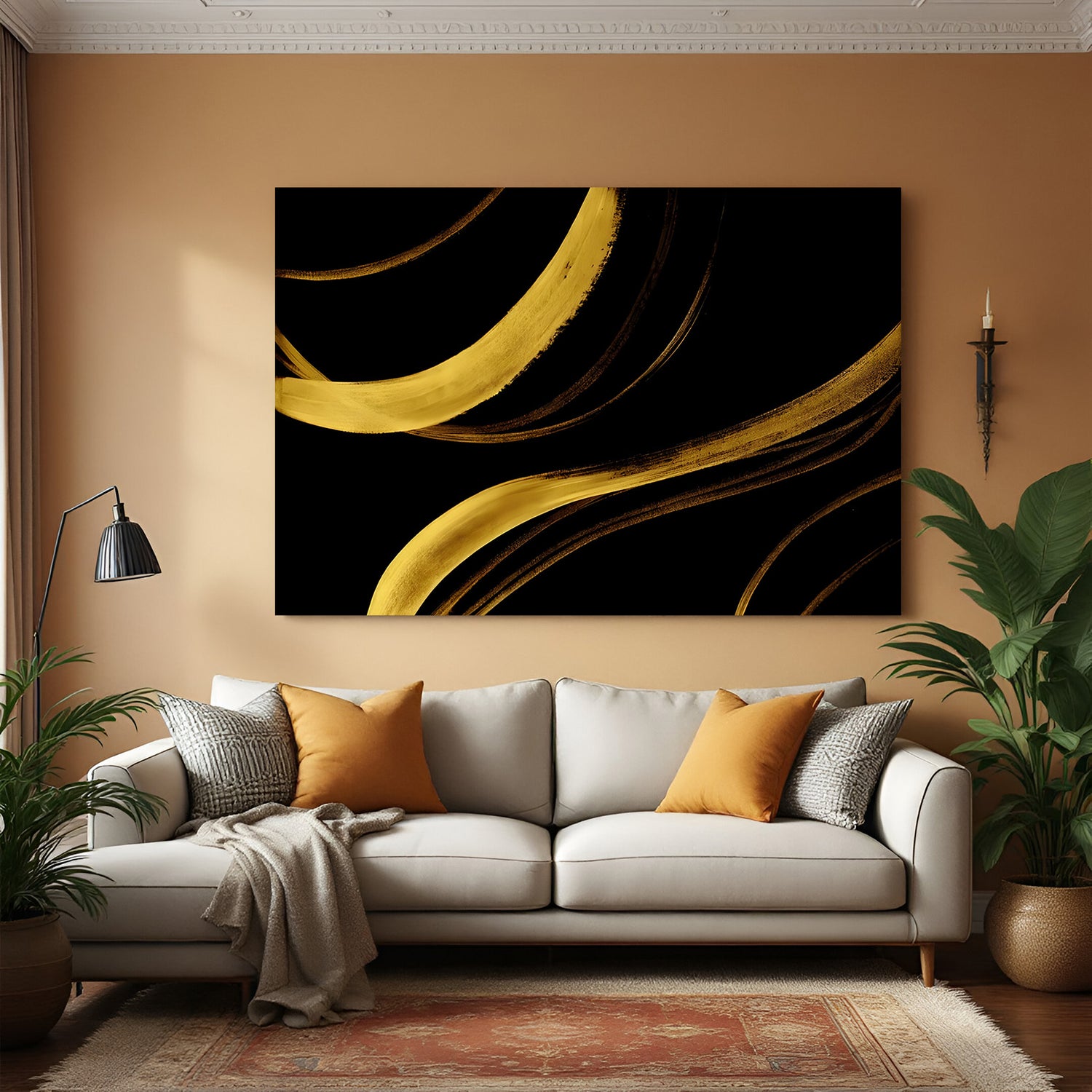 Black and gold abstract brush stroke canvas wall art with flowing metallic strokes in modern living room