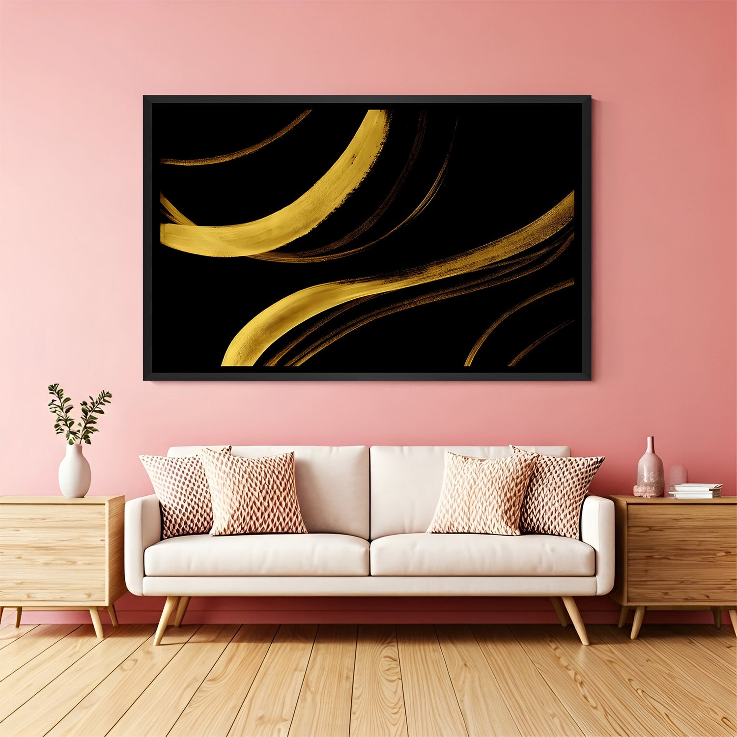 Luxury black and gold abstract painting in black frame for contemporary home decor