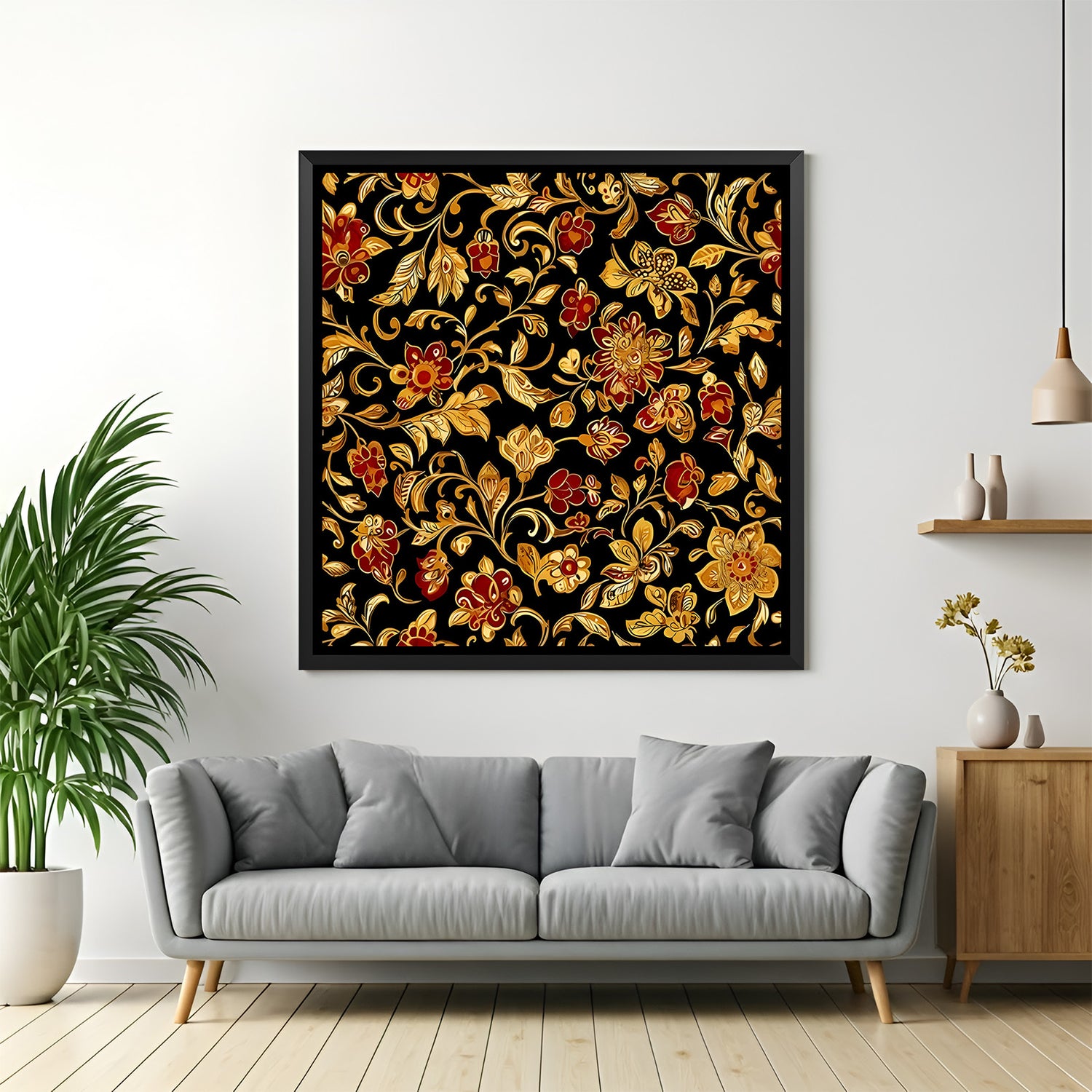 Black background floral Kalamkari wall painting in elegant black floater frame for luxury interiors