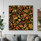 Black and golden floral Kalamkari canvas wall art in premium canvas wrapped frame with intricate botanical detailing