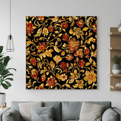 Black and golden floral Kalamkari canvas wall art in premium canvas wrapped frame with intricate botanical detailing