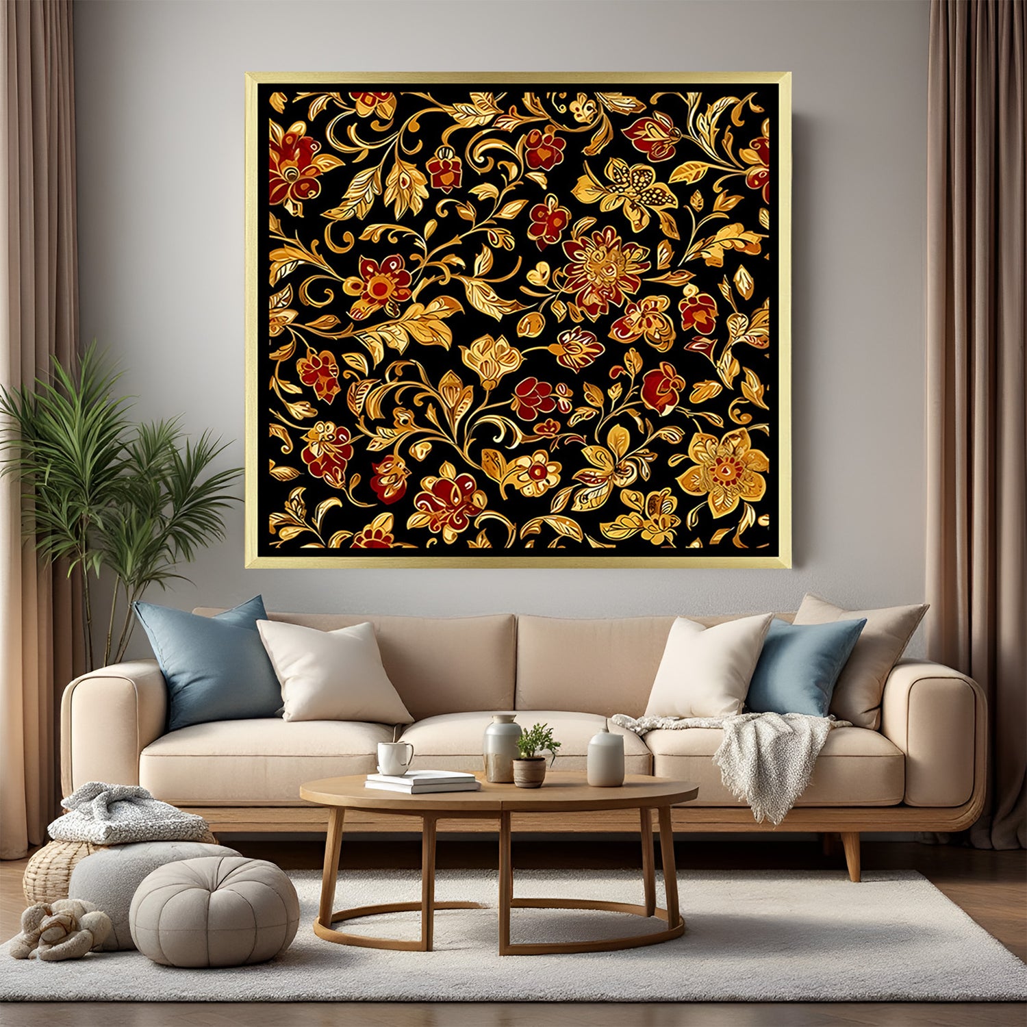 Luxury black and golden floral Kalamkari artwork in golden floater frame with traditional botanical design
