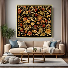 Luxury black and golden floral Kalamkari artwork in golden floater frame with traditional botanical design