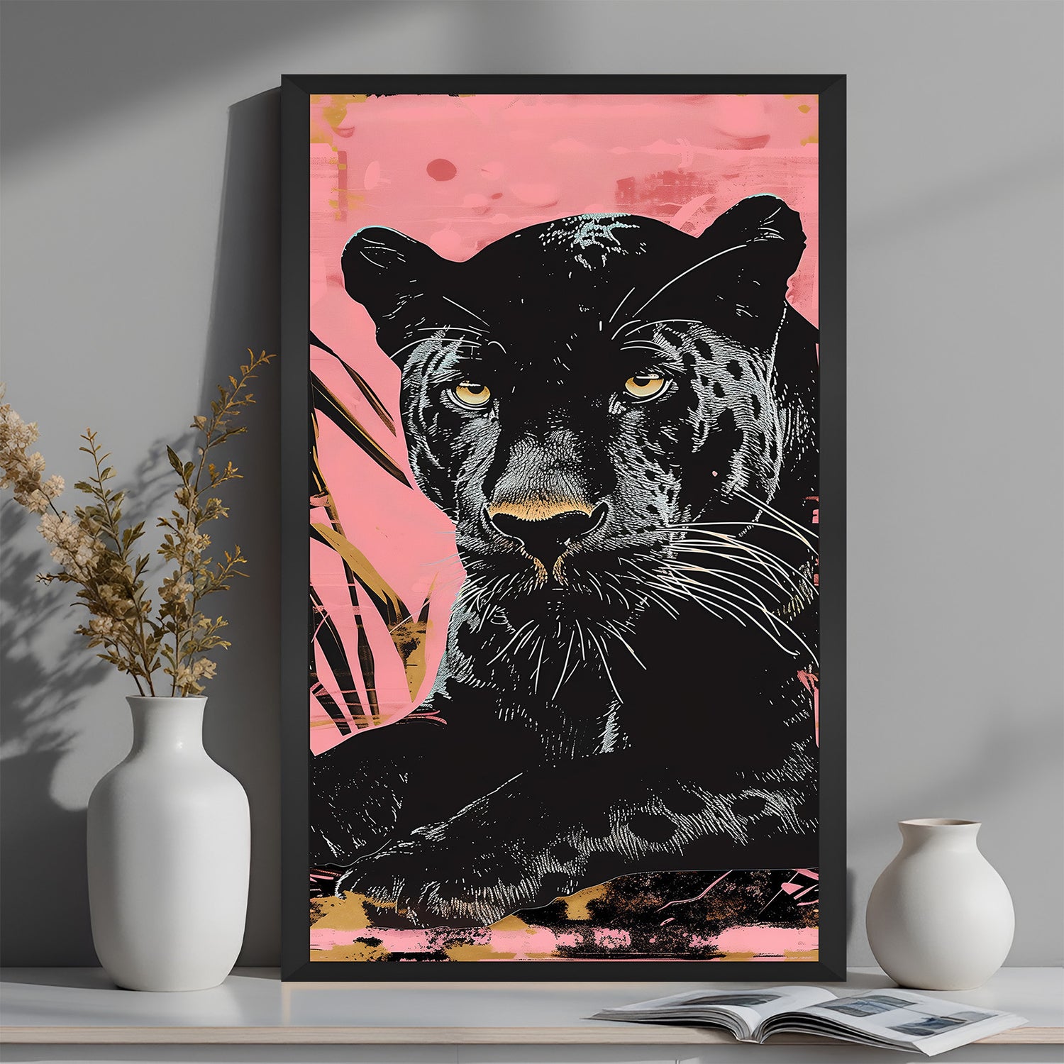 Black panther canvas in black floater frame, strong modern art piece for home offices, living rooms, or executive interior walls