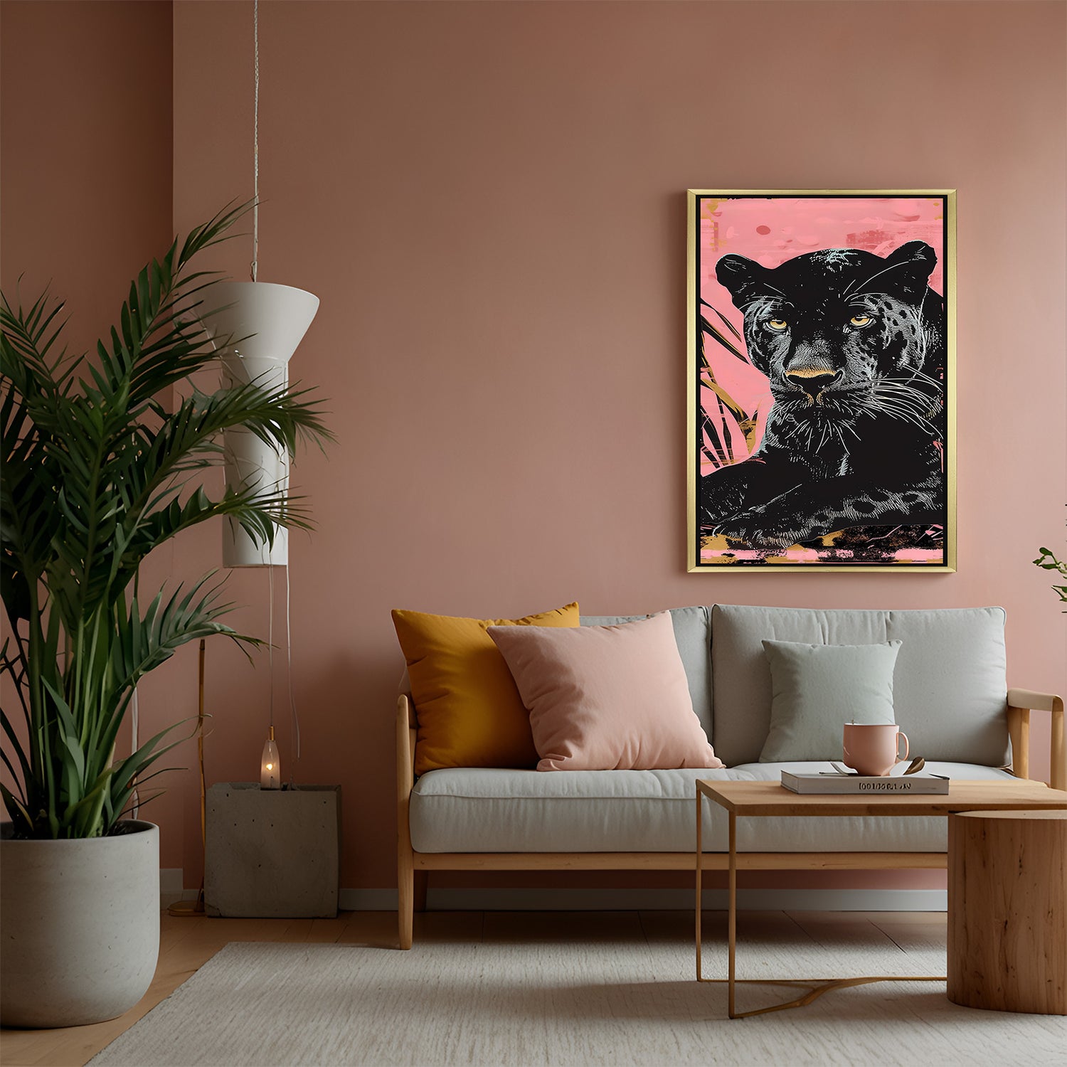 Painted black panther canvas with golden floater frame, powerful animal wall decor for stylish homes and premium office settings
