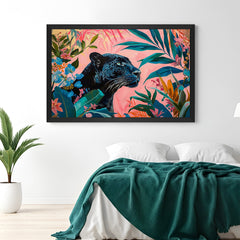 Panther in jungle canvas with black floater frame, ideal for bold and mysterious animal-themed interior decor