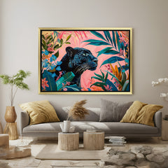 Canvas wall art of black panther in jungle with golden floater frame, perfect for elegant and moody home settings