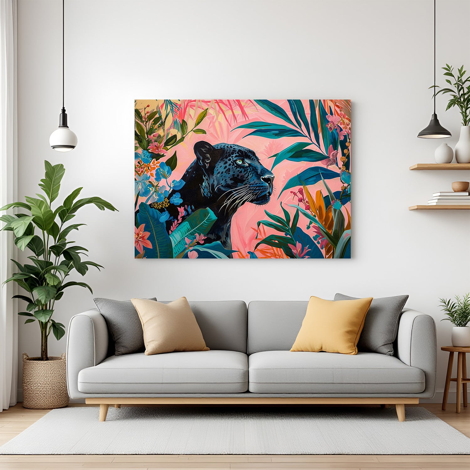 Black panther blending into jungle scenery printed on canvas, perfect for powerful and elegant modern wall decor