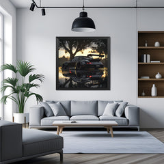 Black frame canvas print of cinematic black Porsche sports car, perfect for stylish and modern interior design