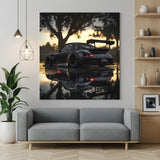 Canvas wall art showing a black Porsche sports car in a cinematic shot, ideal for automotive lovers and modern interior wall decor